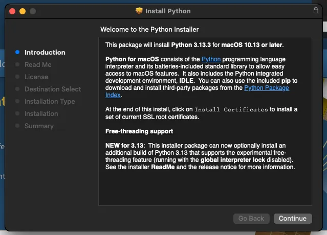 Python installation window