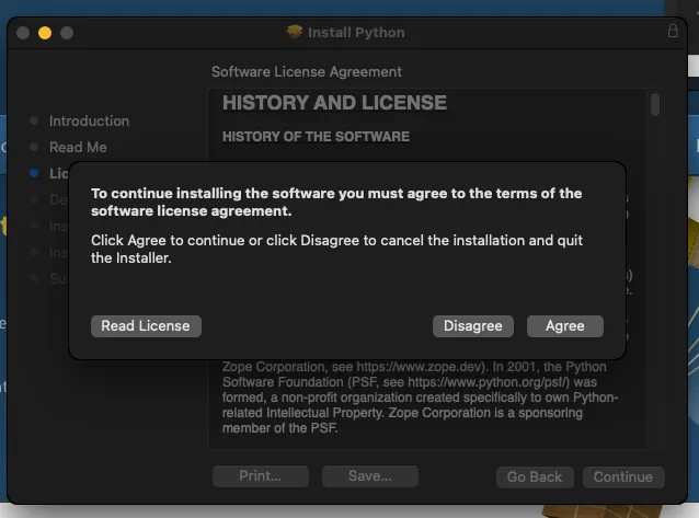 Python installation agree to terms