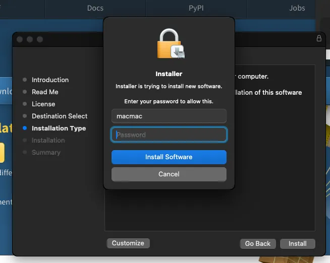 Python installation authenticate