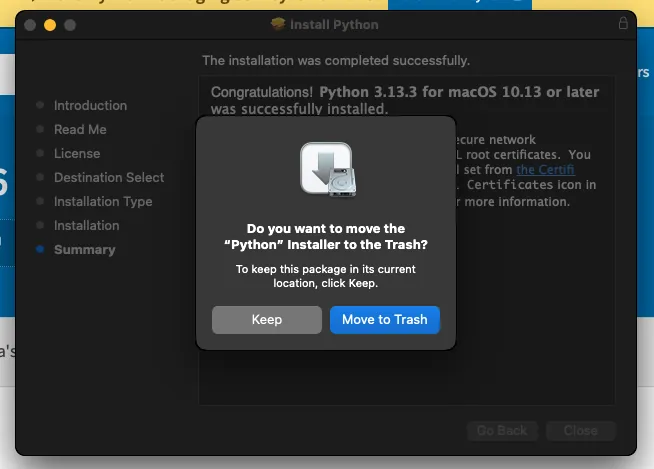 Python installation finished