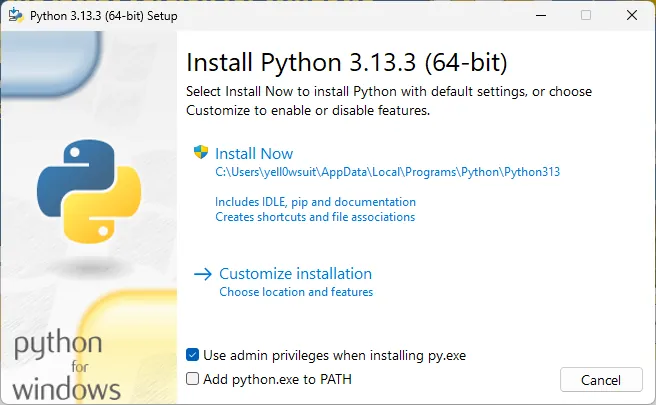Python installation window